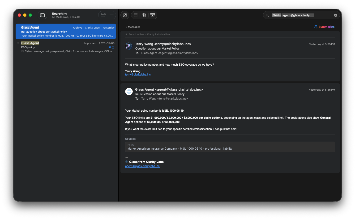 Email thread showing Glass Agent answering a Markel policy question with sourced policy details.