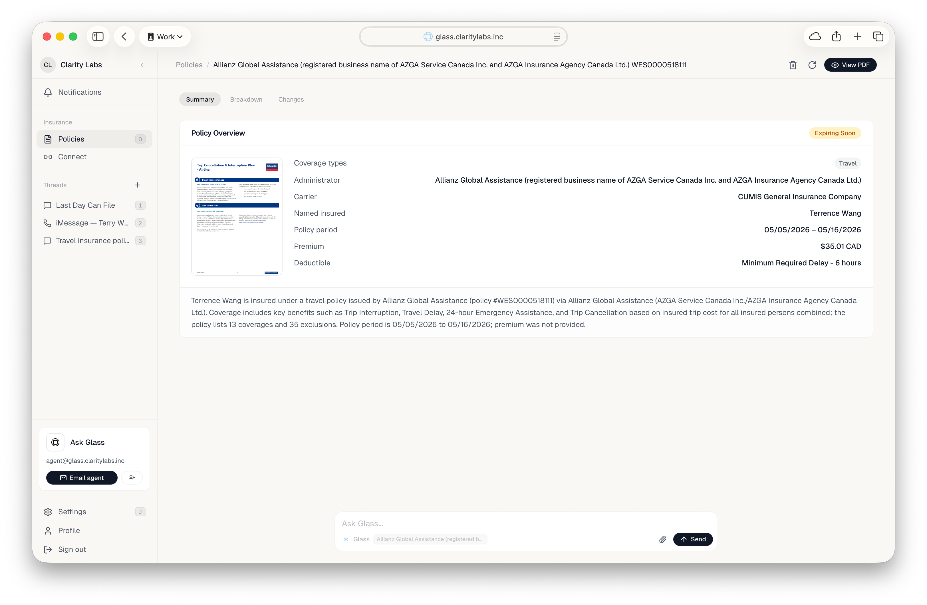Glass policy overview showing structured details extracted from a travel insurance policy.