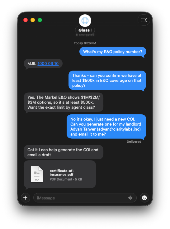 iMessage conversation with Glass confirming E&O coverage and preparing a certificate of insurance.